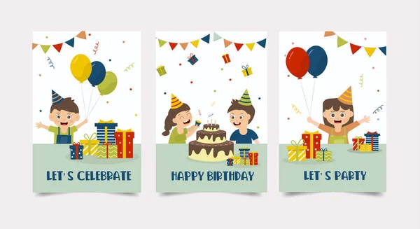 Çocuklar bir doğum günü partisini kutlar. Masaya konmuş kekler ve hediye kutuları var. Dekoratif balonlarla. Kart Mutlu yıllar vektör illüstrasyonları.