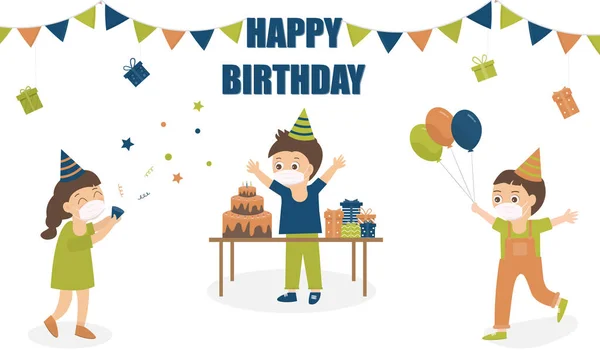 Mutlu yıllar uzaklık konsepti, arkadaşlar doğum günü partisi için yüz maskesi takıyor, küçük bir parti. 