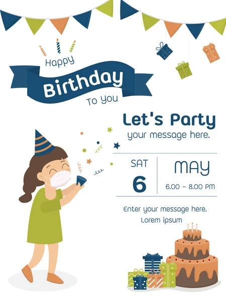 Kızların doğum günü davetiye tasarımı illüstrasyonunda yeni, şirin bir çizgi film. Tema doğum günü partisi seti kartı, vektör çizicisi.