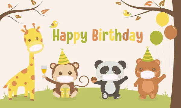 Cute Animals Wear Mask Cartoon Illustration Happy Birthday Small Party — Stock Vector
