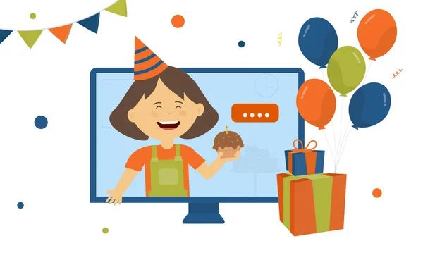 Doğum gününü kutlayan bir bilgisayardaki video konferansında elinde mutlu bir kek tutan bir kız. Bilgisayarın yanında hediye kutuları ve balonlar var. Görüntülü sohbet düz vektör illüstrasyonu 