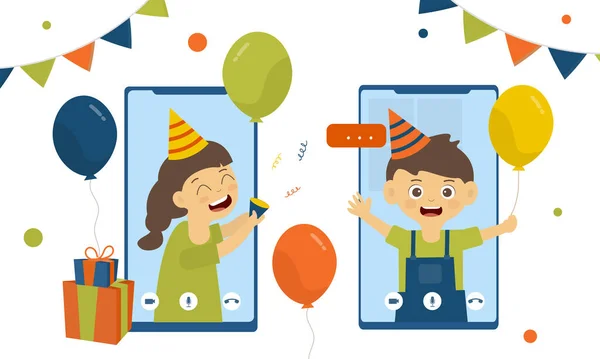 Elinde kağıt tutmakta olan bir kız, yeni normal kavramdaki cep telefonuyla doğum günü çocuğuna sürpriz yapıyor. Elinde balon tutan bir oğlan, 