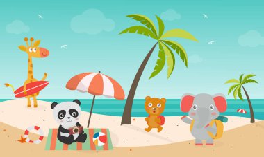  Yaz sevimli hayvanı, elinde kamerayla denizde oturan bir panda, sörf tahtası tutan bir zürafa, kumsalda yürüyen ayılar ve filler, hayvanlar için mutlu yaz tatilleri, Vector illüstratörü..
