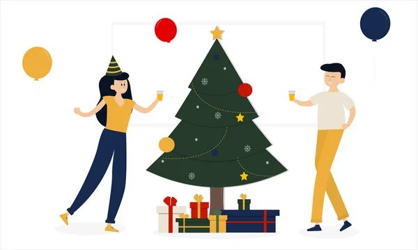 Kadınlar ve erkekler kutlama şampanyası taşıyor. Süslü Noel ağaçları ve hediye kutularıyla. Arkadaşsız gülüşlü küçük bir parti. vektör illüstrasyonu.