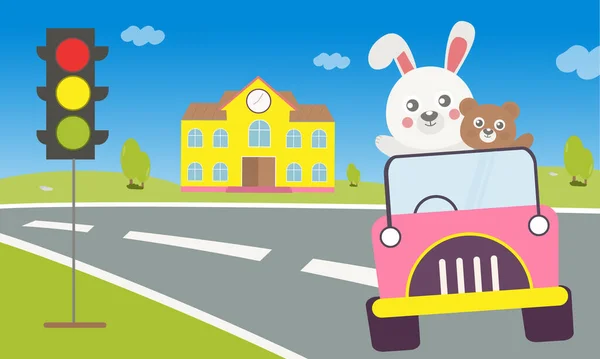 Dessin Animé Lapin Blanc Conduisant Sur Route École Travers Les — Image vectorielle