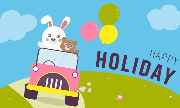 Mutlu tatiller ve gülümseme, yolda araba süren beyaz tavşan, yanında oturan kahverengi ayı, 3 renkli balon, araba süslemesi, arka plan ve mektup tutucu. vektör illüstrasyonu