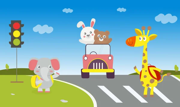 Çizgi film karakteri tavşan beyazı yanında kahverengi bir ayıyla araba sürüyor. Arabada el sallayan bir zürafa ve fil trafik ışıklarında karşıya geçiyor. Tatilde güzel bir hayvan gezisi..
