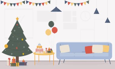  Parti salonunun Noel ağacı, hediyeler, kanepe, masa, pasta ve balonlar, partiler, doğum günleri, Noel, yeni yıl ve diğer festivaller için oturma odası..