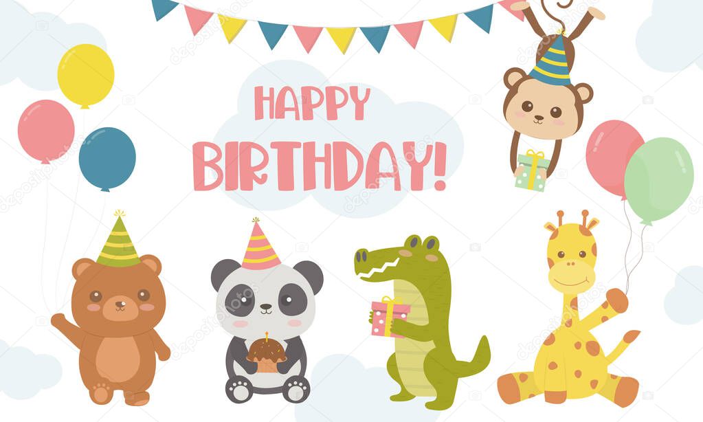 Happy birthday card with cute animals soft color, Collection of cute animal in holiday. Bear,Crocodile,Panda,Giraffe,monkey. Template for greeting card and post. Vector illustration.
