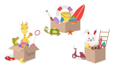 Oyuncak kutusu, zürafa oyuncakları, timsah bebeği, top, tavşan, ayı, kitap, uçak, kuş, kalem, oyun odası ya da anaokulu oyuncaklarıyla dolu karton kutular. vektör çizici