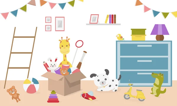 Kutularda çocuk oyuncakları. Çocuk odasındaki oyun odası çocukları. Bebek odasının içi. Yerde çocuk oyuncakları olan çizgi film odası. Bebek odası düz biçim vektör çizimi.
