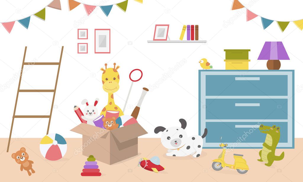 Kids toys in boxes. Playroom kids in nursery. Baby room interior. Cartoon childrens room with kid toys on the floor. Baby room Flat style vector illustration.