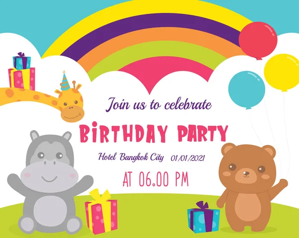 Tebrik kartı için dekorasyonlu Mutlu Yıllar tipografisinin vektör çizimi. Doğum günü partisi hayvanlarının kart tasarım davetiyelerini ayarla. Çocuklar ve bebek partisi için doğum günü. renkli kart tasarımı.