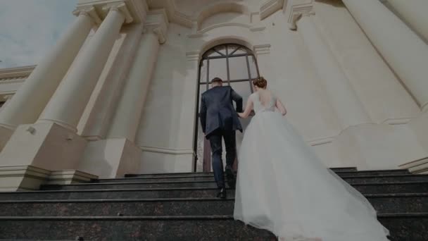 Um homem e uma menina sobem as escadas para a grande entrada do majestoso palácio — Vídeo de Stock