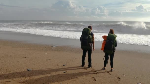 Reisconcept. Reizigers met rugzakken kijken naar de oceaan. Vrijheid. — Stockvideo