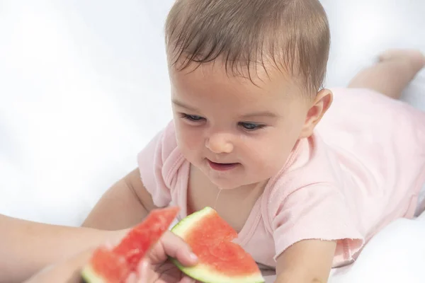 Interessado Bebê Bonito Olha Para Melancia Suculenta Vermelha Babando Queixo — Fotografia de Stock