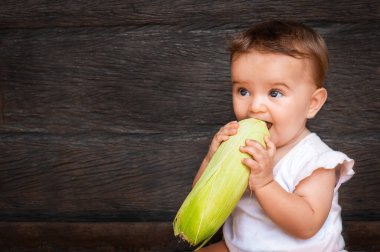 Bebek taze mısırdan bir kulağıyla oturur ve onu tahta bir arka planda kemirir. Taze mısırdan bir kulağıyla oturur ve ahşap bir arka planda kemirir.