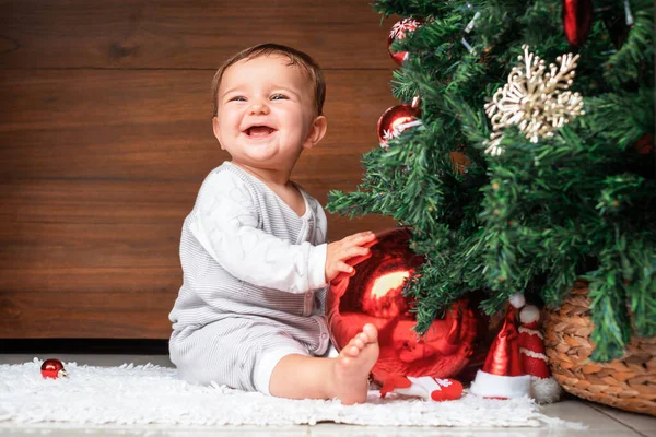 Noel Ağacı Olan Sevimli Bir Çocuk Mutlu Bebek Köknar Ağacının — Stok fotoğraf