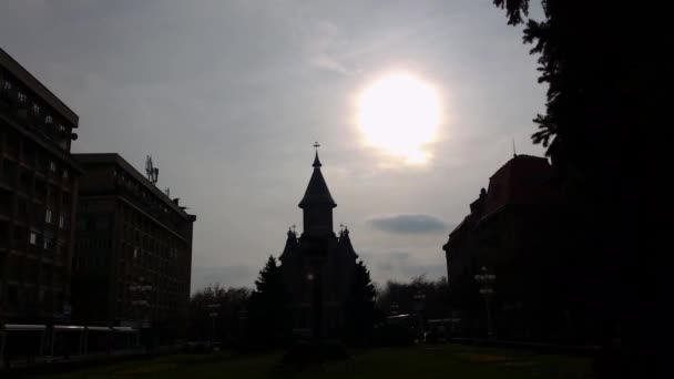 Timisoara Romania Gamla Ortodoxa Kyrkan Piata Victoriei Central Square Där — Stockvideo