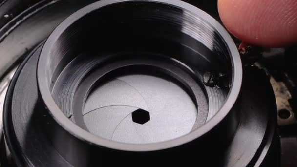 Camera Lenzen Sluiter Diafragma Mechanisme Werken Close Reparatie — Stockvideo