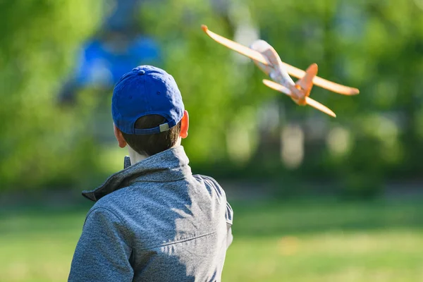 Boy Launches Toy Airplane Sky — Stock Photo, Image