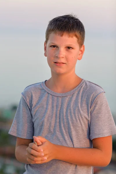 Portret Van Een Penetrante Jongen Close Bruin Avondfoto — Stockfoto