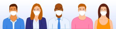 Virüs koruması için Corona Virüsü salgınına karşı maske takan bir grup farklı insan. Düz vektör illüstrasyonuName.