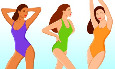 Güzel ve seksi genç kadınlar plajda rahatlıyor, esniyor ve mayoyla poz veriyorlar. Renkli düz çizgi film vektör çizimi