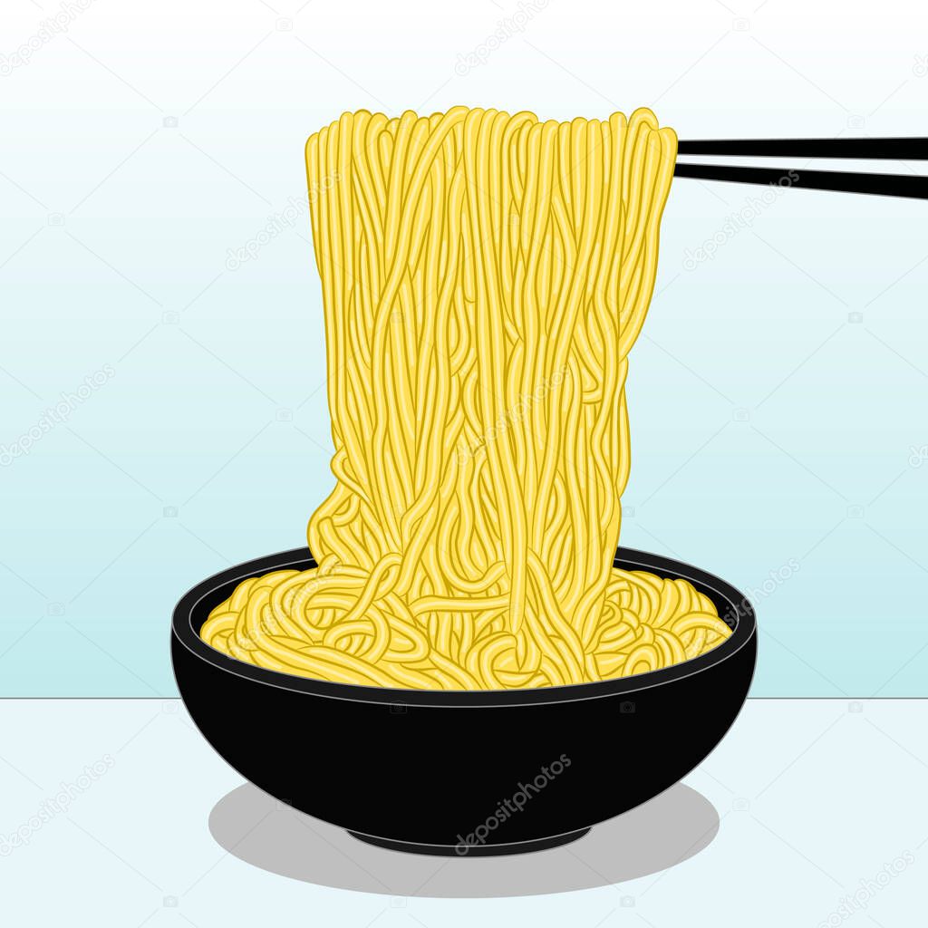 Fresh delicious bowl of asian ramen noodles on chopsticks against white background. Vector illustration