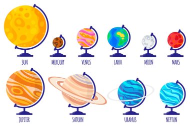 Güneş sistemindeki gezegenlerin masaüstü okul küreleri olan vektör karikatür çizimleri: Merkür, Venüs, Dünya, Mars, Jüpiter, Satürn, Uranüs, Neptün, Beyaz zemin üzerinde Ay. Okula geri dön..