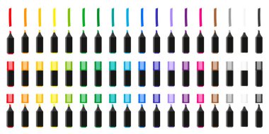 Beyaz arkaplanda renkli fosforlu kalemler olan vektör karikatür çizimleri. Okula geri dön..