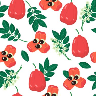 Beyaz arka planda Blighia sapida veya Ackee egzotik meyveleri, çiçekler ve yaprakları ile ağ, baskı, kumaş dokusu veya duvar kağıdı için vektör karikatür deseni