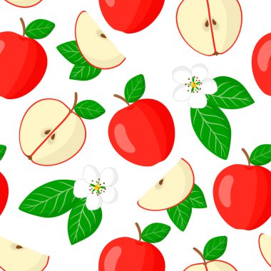 Beyaz arkaplanda beyaz arkaplan, ağ, baskı, kumaş dokusu veya duvar kağıdı için kırmızı elma egzotik meyveler, çiçekler ve yapraklarla vektör karikatür deseni