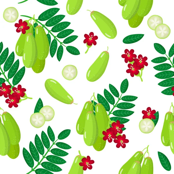 Vector Cartoon Seamless Pattern Averrhoa Bilimbi Cucumber Tree Exotic Fruits — Stock Vector