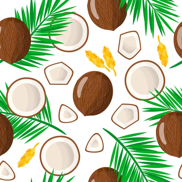 Vector Cartoon Seamless Pattern Cocos Nucifera Coconut Exotic Fruits Flowers — Stock Vector