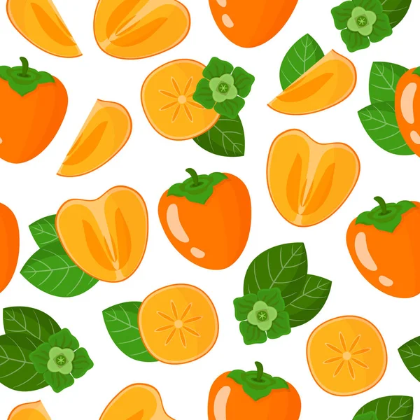 ウェブ 布のテクスチャや壁紙のための白い背景にDiospyrosや柿のエキゾチックな果物 花や葉とベクトル漫画のシームレスなパターン — ストックベクタ