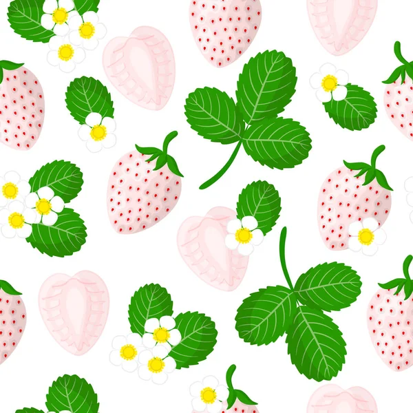 白いイチゴやピンクベリーエキゾチックな果物 花や葉とベクトル漫画のシームレスなパターンは ウェブ 布のテクスチャや壁紙のための白い背景に — ストックベクタ
