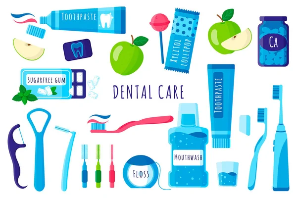 Vector cartoon set van tandheelkundige hulpmiddelen voor mond- en tandverzorging: tandenborstel, tandpasta, flos etc op witte achtergrond. — Stockvector