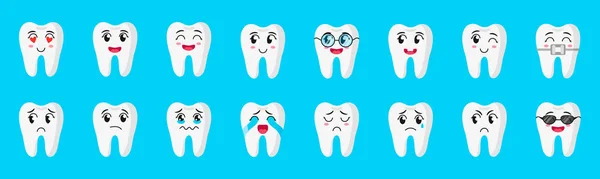 Conjunto de dibujos animados vectoriales de lindos personajes de dientes con diferentes emociones: feliz, triste, llorando, alegre, sonriente, riendo — Vector de stock