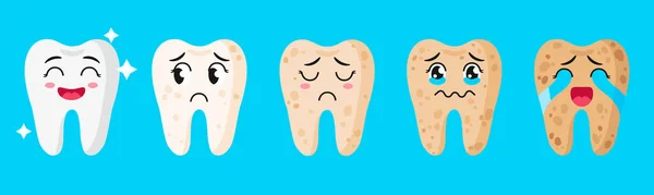 Conjunto de desenhos animados vetoriais de personagens bonitos de dentes com diferentes emoções mostrando estágios de brancura e saúde dos dentes. —  Vetores de Stock