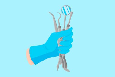 Diş aletleri taşıyan mavi eldivenli bir dişçinin vektör karikatür eli: cımbız, ayna, diş sondası, spatula