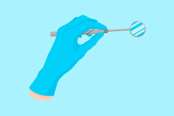 Vektor tecknad hand av en tandläkare i en blå handske som innehar ett dentalt instrument: metallspegel för tandläkarundersökning — Stock vektor