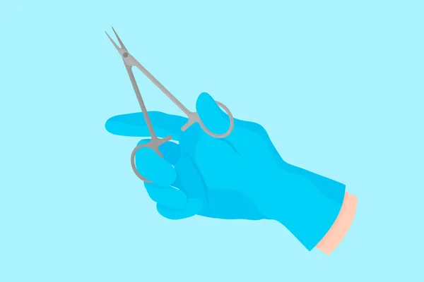 Vector cartoon hand van een tandarts in een blauwe handschoen die een tandheelkundig instrument: endodontische tang voor tandheelkundige ingrepen — Stockvector