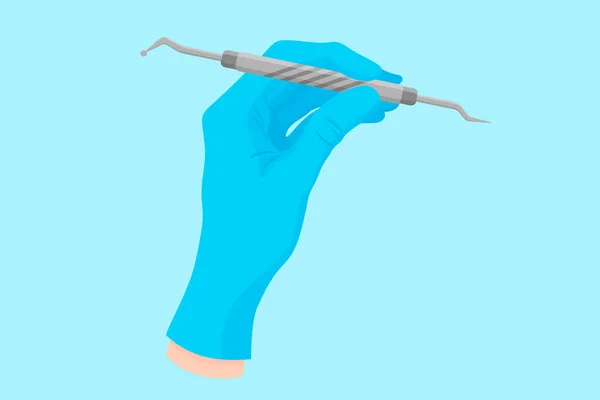 Mano de dibujos animados vectoriales de un dentista en un guante azul que sostiene un instrumento dental: excavadora y sonda. — Vector de stock