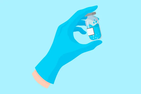 Mano de dibujos animados vectoriales de un dentista en un guante azul que sostiene un frasco de vidrio con una vacuna o un medicamento. — Archivo Imágenes Vectoriales