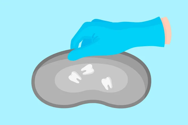 Main vectorielle de dessin animé d'un dentiste dans un gant bleu qui tient un plateau en métal dentaire pour stocker des instruments avec des dents blanches. — Image vectorielle