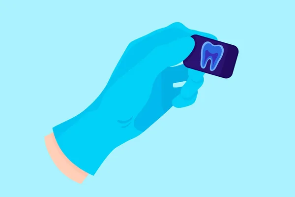 Vector de la mano de dibujos animados de un dentista en un guante azul que sostiene una radiografía dental de un diente para la detección de enfermedades. — Vector de stock