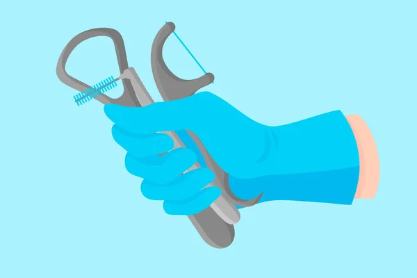 Vektor tecknad hand av en tandläkare i en blå handske som håller en dentala instrument: tunga skrapa och olika tandtråd. — Stock vektor