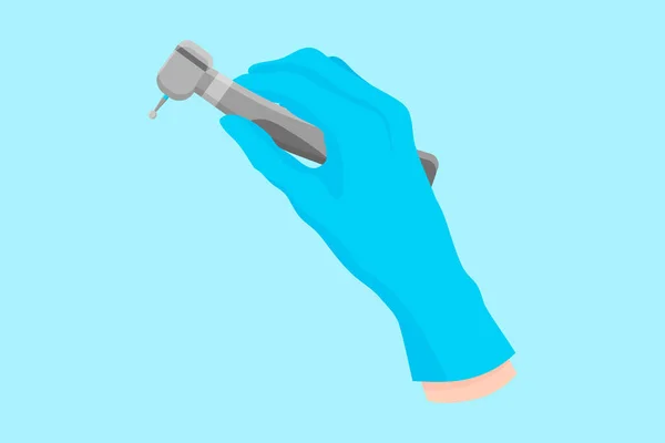 Vektor-Cartoon-Hand eines Zahnarztes in einem blauen Handschuh, der ein zahnärztliches Instrument hält: Bohrmaschine mit Cutter — Stockvektor