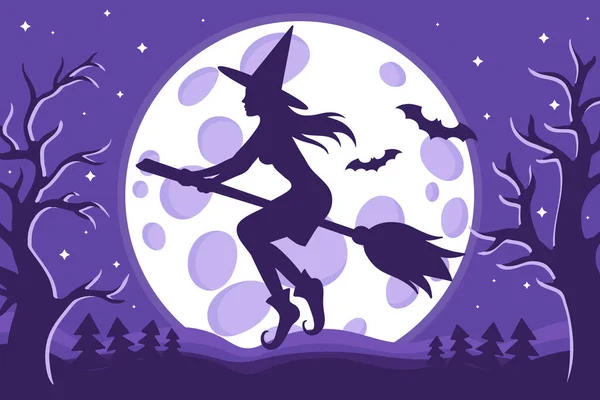 Vector Cartoon Illustration Von Halloween Hexensilhouette Fliegen Auf Einem Besenstiel — Stockvektor